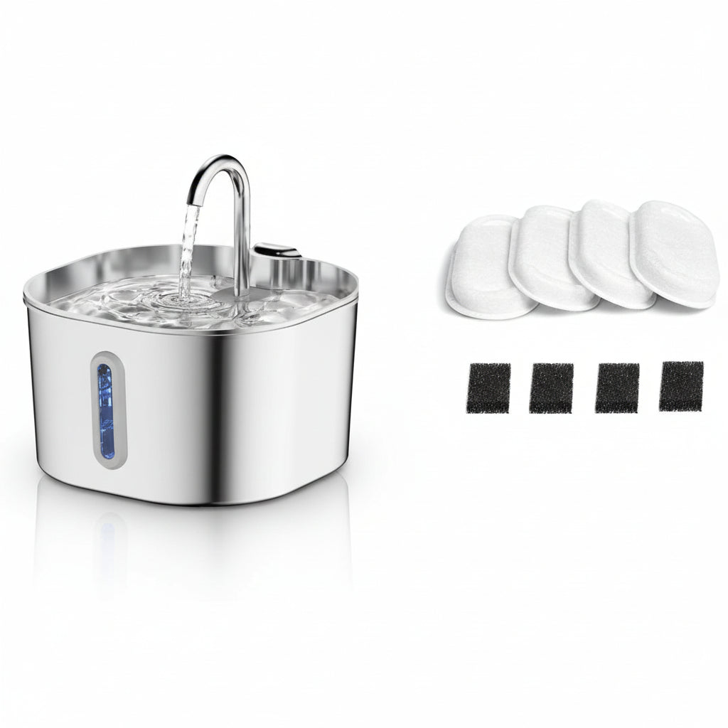 Vista superior de la fuente de agua automática de acero inoxidable para gatos