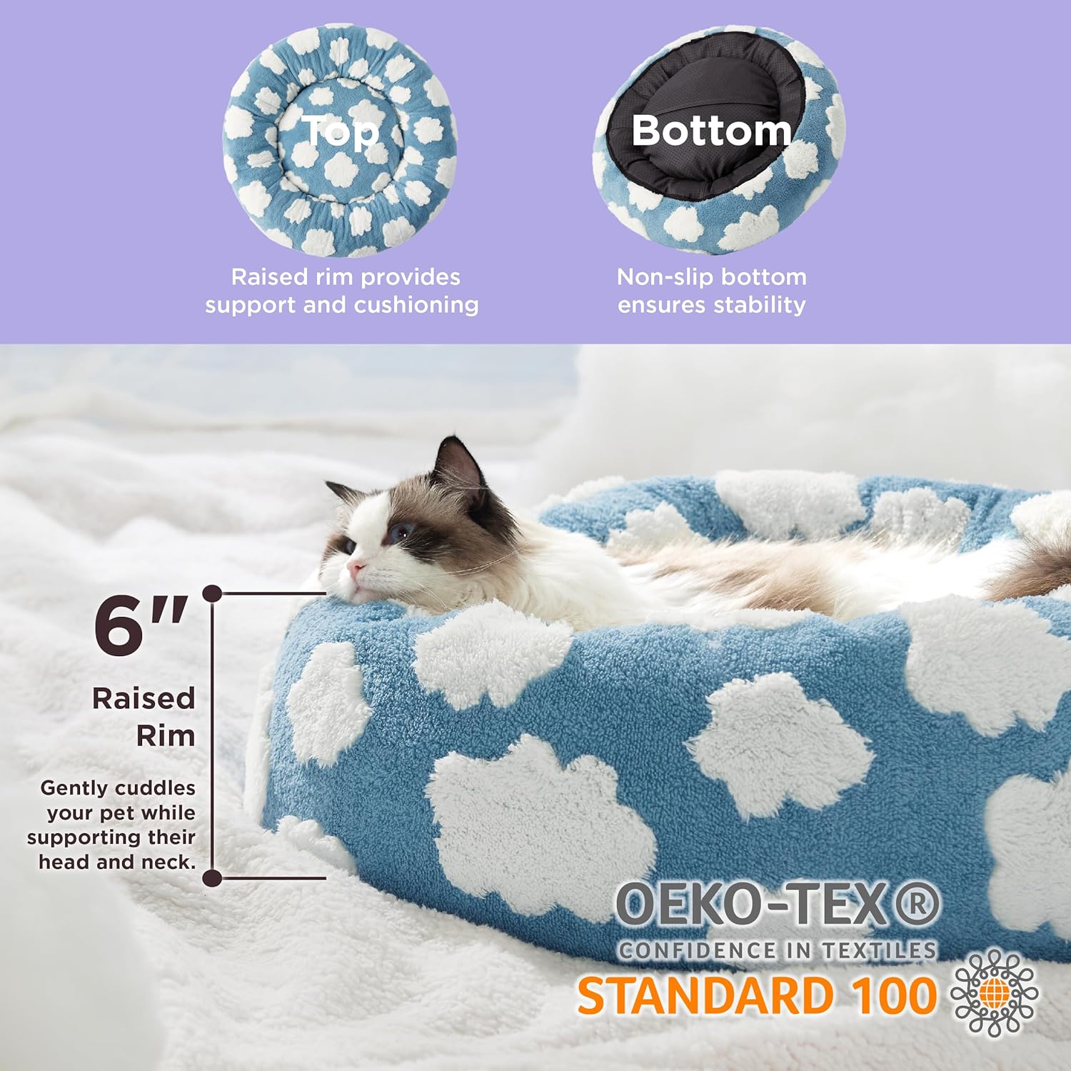 Cama donut para gatos con borde elevado que brinda seguridad