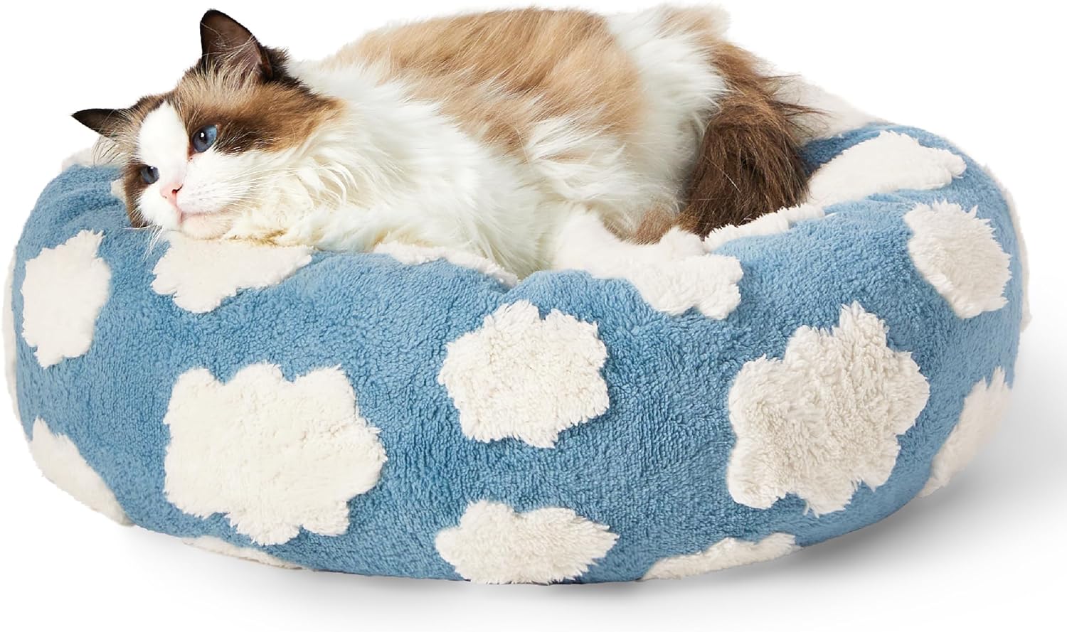 Cama donut antiestrés para gatos color azul, ultra suave y acolchada